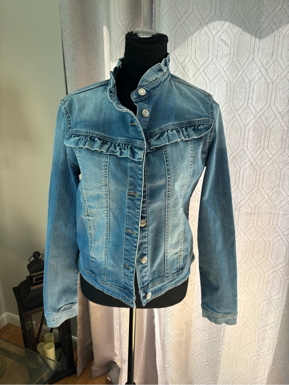 Kensie Light Blue Denim Jean Jacket with Ruffle Yoke